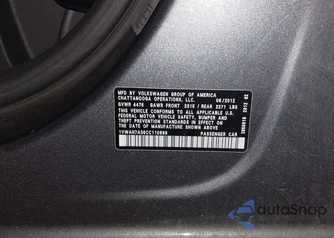 2012 Volkswagen Passat 2.5L S z USA, uszkodzony, nr VIN 1VWAH7A35CC110699